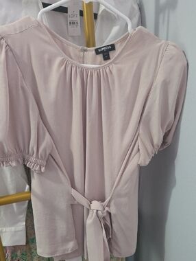 Express Dusty Pink Tie-Front Puff Sleeve Top